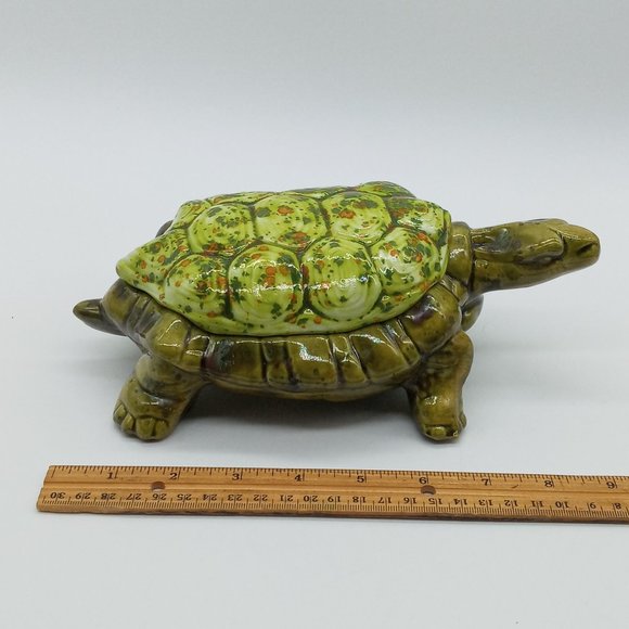 Vtg Arnels Pottery Turtle Candy Dish Lidded Trinket Ceramic Green Orange Speckle - Picture 9 of 10